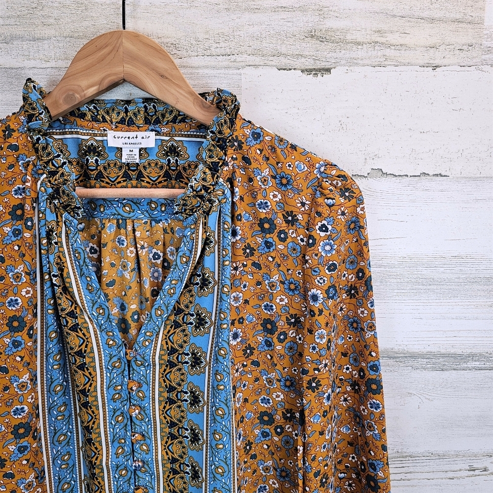 Current Air Boho Folk Floral Ruffle Neck Peasant Blouse Medium Tiered Hem - Picture 8 of 15